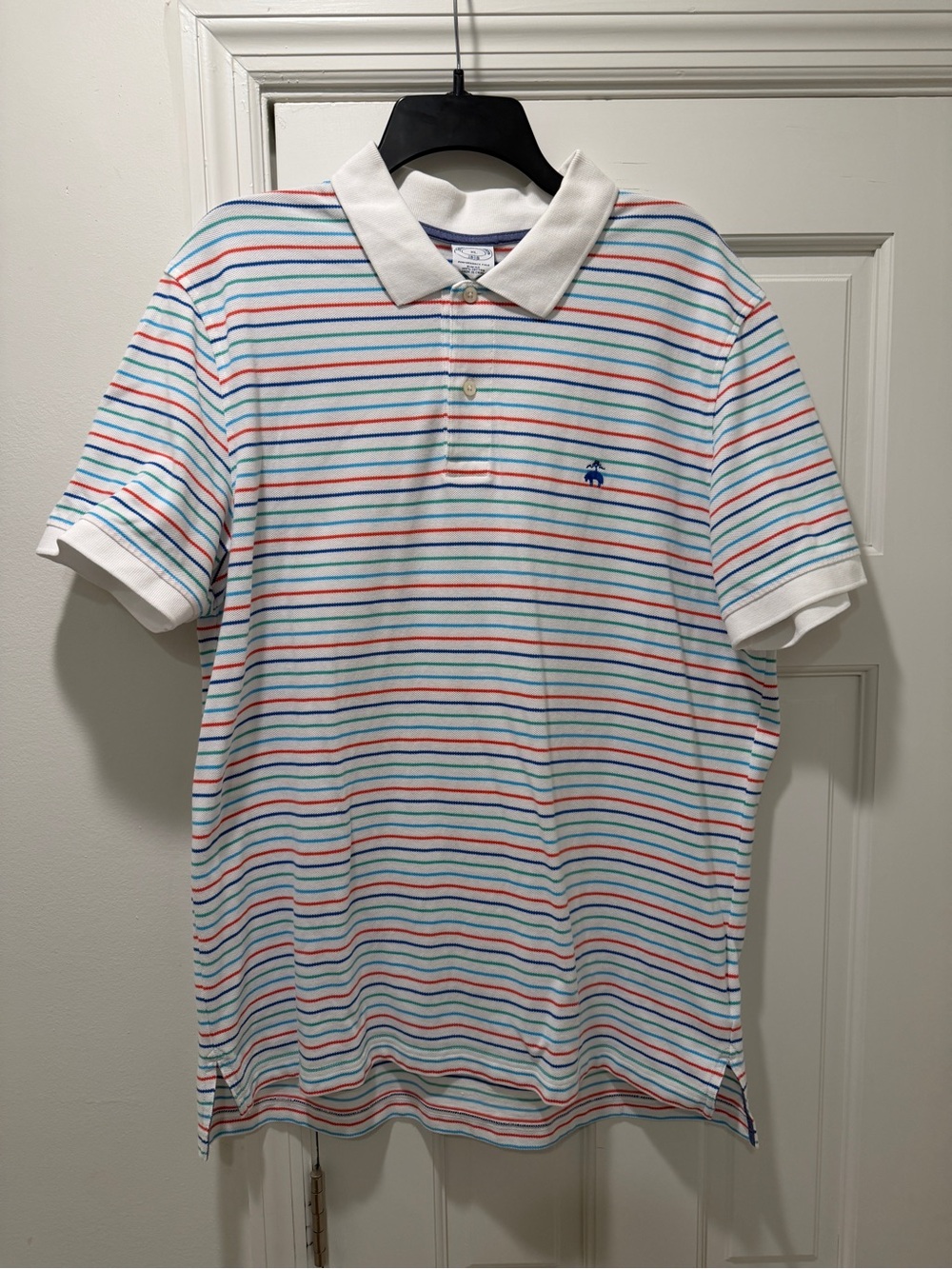 Brooks Brothers White Polo with Red, Blue, and Teal Stripes